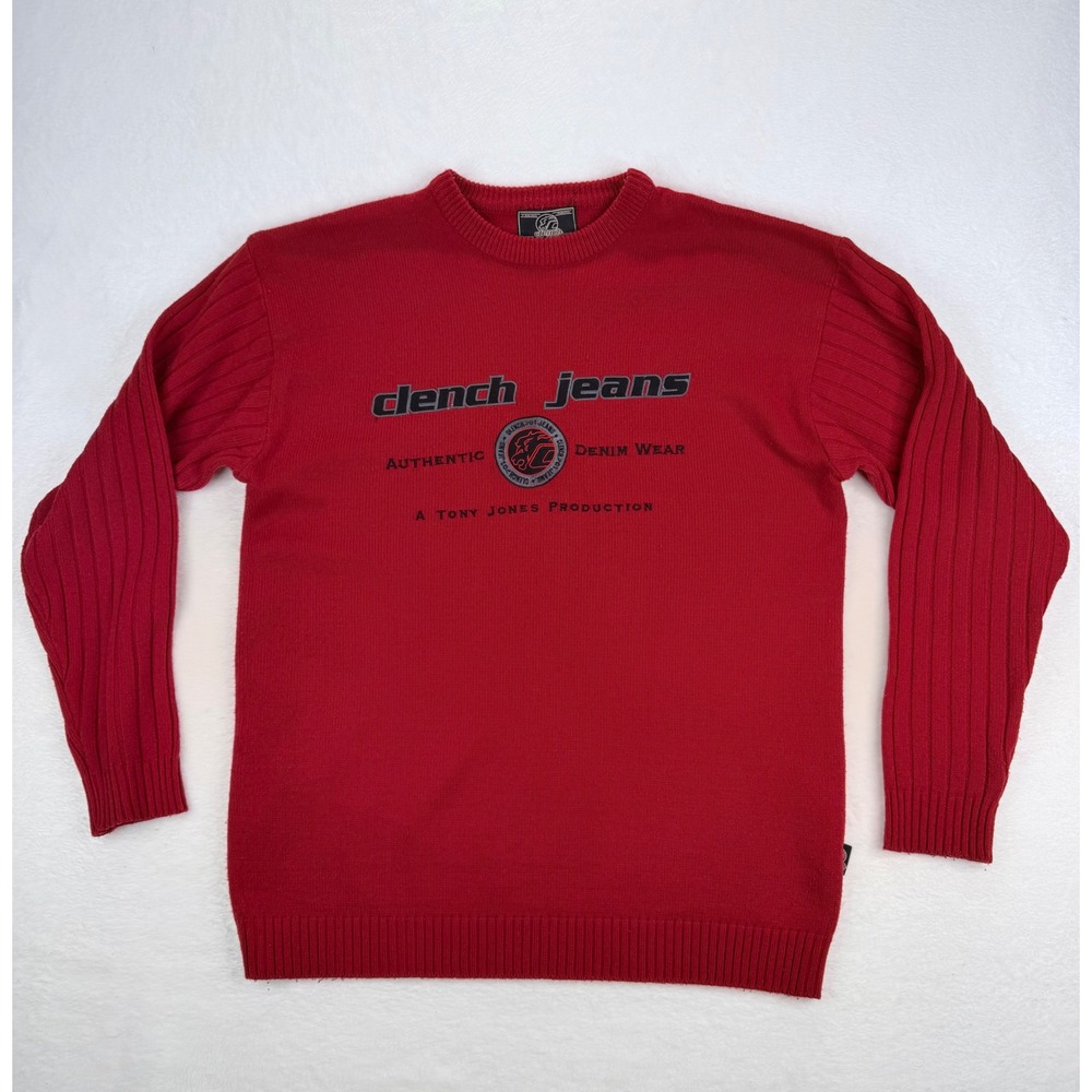Clench Jeans Tony Jones Red Graphic Knit Crew Neck Sweater Mens XXL Vintage Y2K